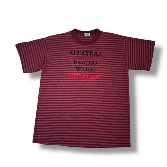 Vintage Alcatraz Tee Shirt Psycho Ward Outpatient Embroidered Striped Red Large - Picture 2 of 5